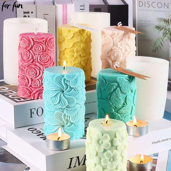 For Fun Flower Butterfly Cylindrical Candle Silicone Mold Relief Rose Cylindrical Candle Mould 3D Mold Aromatherapy Gypsum Mold